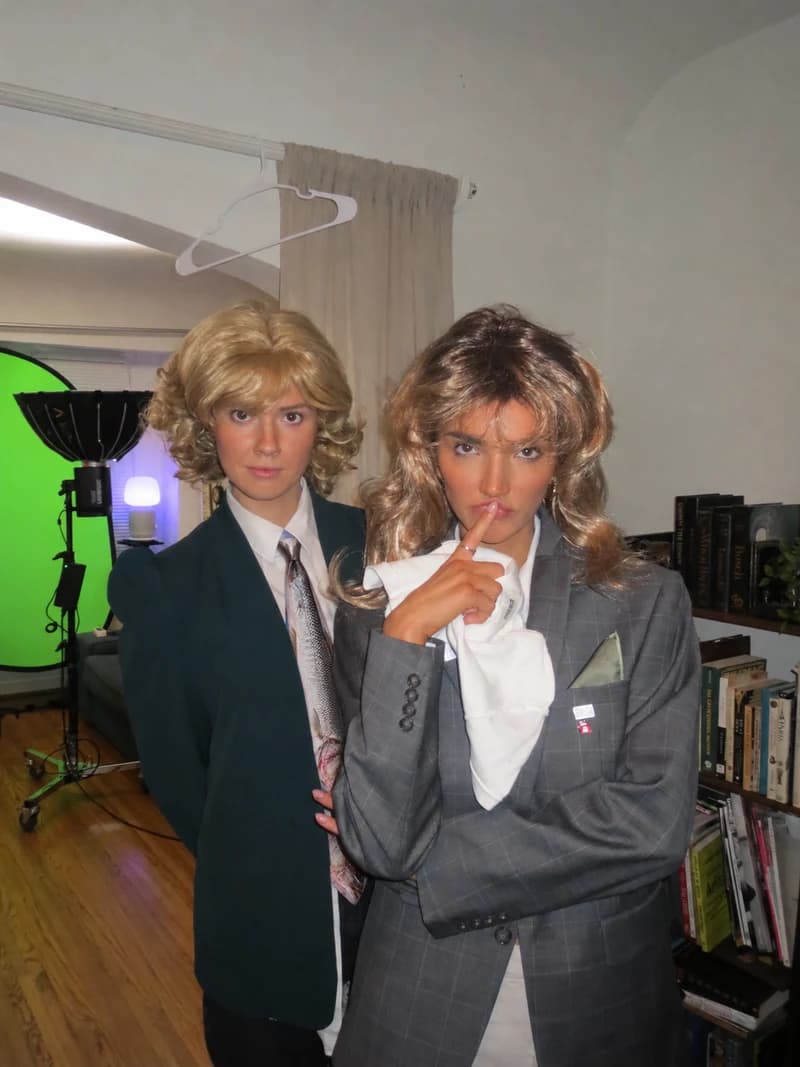 Abbey and Hailee in news anchor outfits, with the Branzino Tie